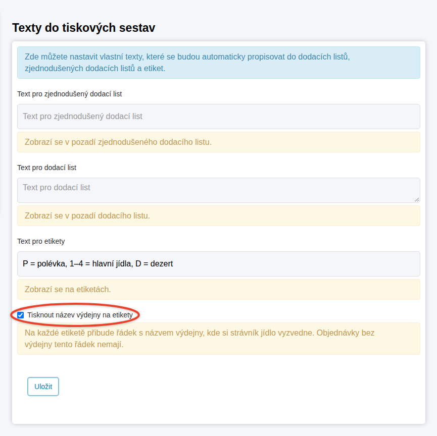 Formulář Tiskové texty se zaškrtnutým tisknutím názvu výdejny na etikety