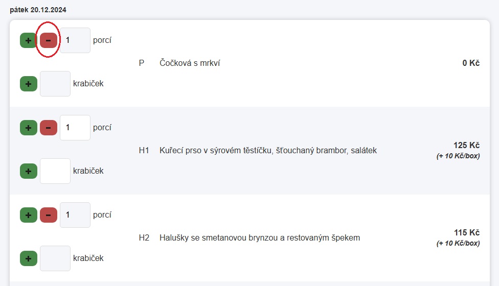 Objednávkový formulář s červeným tlačítkem minus u objednaného jídla